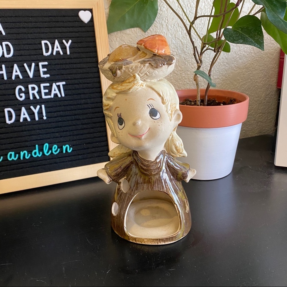 Vintage Tea light holder girl with mushroom hat